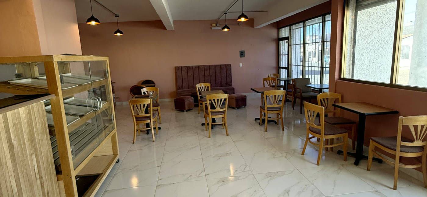 Vitrina de pan dulce y mesas del salón de Mene Café